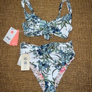 NWT Maaji Anthropologie Blue White Pink Floral Underwire High Waisted Bikini M